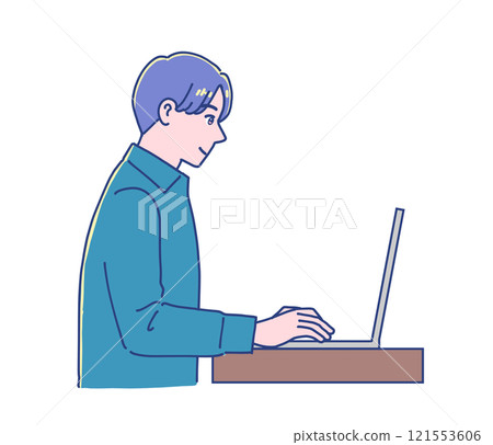 一個微笑著使用筆記型電腦的男人 一個微笑著使用筆記型電腦的男人 121553606