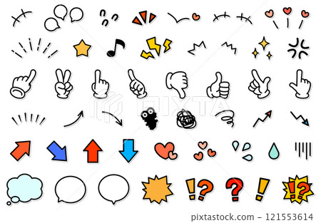 Sticker-style simple cartoon emotional expression vector illustration material set Arrows Hand signs Speech bubbles Question mark 121553614