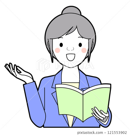 A woman holding a book and explaining 121553902