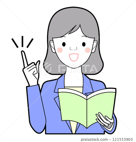 一個女人拿著一本書，舉起手指 121553903