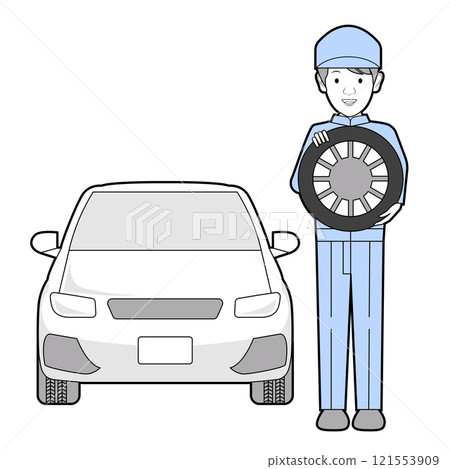Mechanic holding a tire and a car 121553909