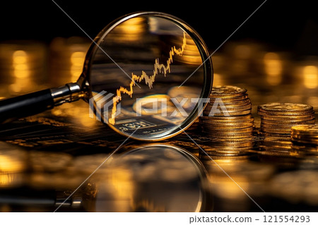 A magnifying glass hovers over a fluctuating line graph, with stacks of gold coins in the background 121554293