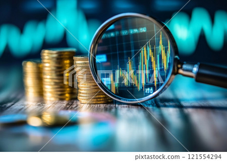 Highlighting the investment analysis focus, a magnifying glass zooms in on a fluctuating line graph 121554294