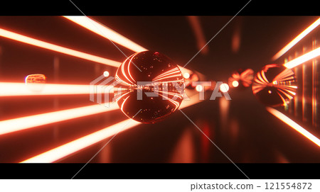 Light beams pass through transparent spheres arranged in a grid, representing the fluidity of data 121554872