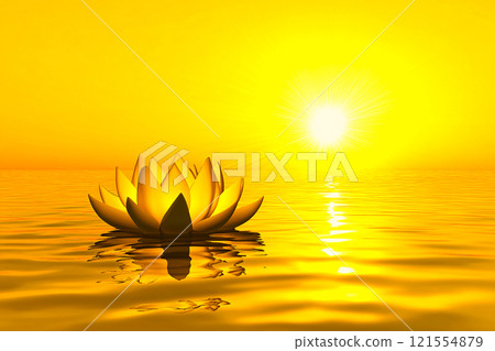 A radiant golden lotus flower floats gracefully on the water, symbolizing purity and beauty A radiant golden lotus flower floats gracefully on the water, symbolizing purity and beauty 121554879