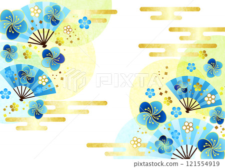 日本背景，帶扇子和圖案花朵，藍色，水平，插圖，可愛 121554919