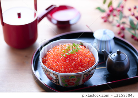 Salmon roe served on a plate 121555043