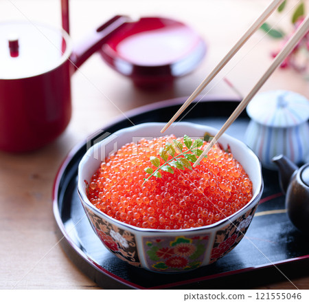 Salmon roe served on a plate 121555046