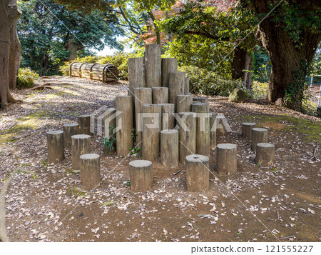 Wooden playground equipment in the park 121555227