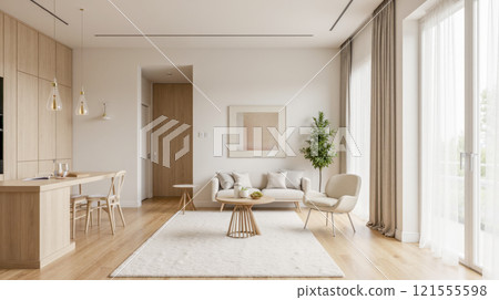 Bright and airy living room featuring contemporary white chairs, beige sofa, wooden coffee table, large window, an indoor plant, and abstract artwork on wall 121555598