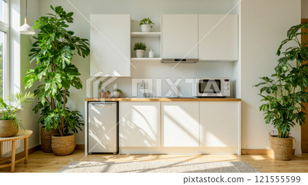 Modern kitchen interior with white cabinets, wooden countertop, small fridge, microwave, sink, and various green plants in woven baskets 121555599