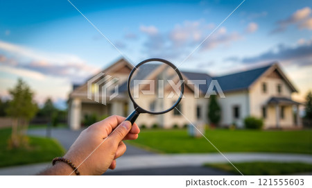 Hand holding magnifying glass inspecting house, real estate evaluation, property information, home appraisal, modern residence, housing market, buying opportunities, suburban neighborhood Hand holding magnifying glass inspecting house, real estate evaluation, property information, home appraisal, modern residence, housing market, buying opportunities, suburban neighborhood 121555603