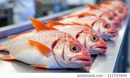 Fresh red fish lined up on metal table with focus on heads for seafood industry or culinary purposes Fresh red fish lined up on metal table with focus on heads for seafood industry or culinary purposes 121555604