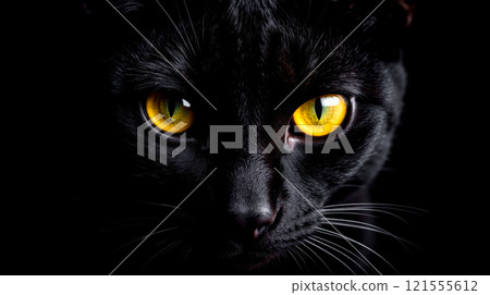 Portrait of black cat with piercing yellow eyes staring into camera, dark backdrop, symbolic animal, enigmatic look, feline charm, mystical, nocturnal creature, close-up Portrait of black cat with piercing yellow eyes staring into camera, dark backdrop, symbolic animal, enigmatic look, feline charm, mystical, nocturnal creature, close-up 121555612