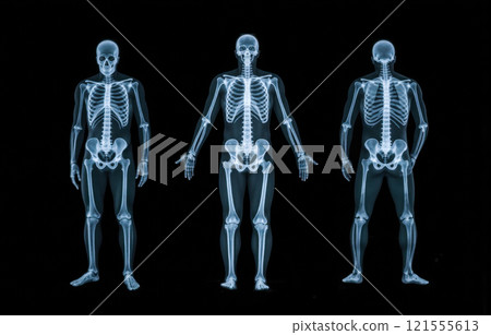 X-ray image of human skeletons in three different views, front, back, side, showing bones and skeletal structure on black background 121555613