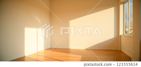 Empty room with wooden floor and sunlight through window, minimalistic design, bright interior space, natural light, peaceful atmosphere, clean walls, cozy environment Empty room with wooden floor and sunlight through window, minimalistic design, bright interior space, natural light, peaceful atmosphere, clean walls, cozy environment 121555614