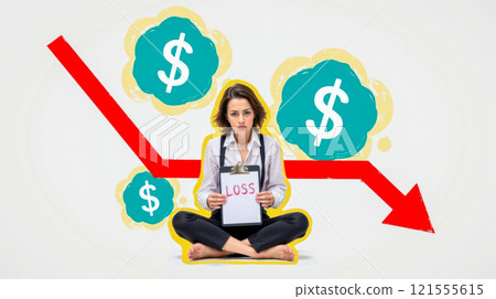 Financial loss concept showing worried woman holding clipboard with loss text, dollar signs, red downward arrow symbolizing decreasing profit Financial loss concept showing worried woman holding clipboard with loss text, dollar signs, red downward arrow symbolizing decreasing profit 121555615