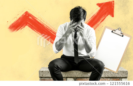 Frustrated businessman holding head, red arrow indicating financial growth or stress, clipboard with blank paper, economic crisis, business pressure, challenges 121555616