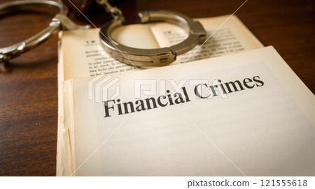 Handcuffs on open book showing financial crimes, depicting fraud, corruption, white-collar crime, law enforcement, legal issues, finance, investigation 121555618