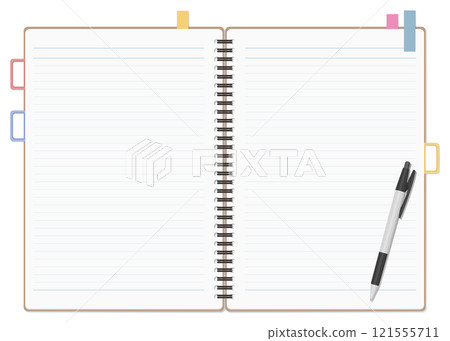 A simple lined notebook and sticky notes, a ballpoint pen set, a ring notebook, a double page spread A simple lined notebook and sticky notes, a ballpoint pen set, a ring notebook, a double page spread 121555711