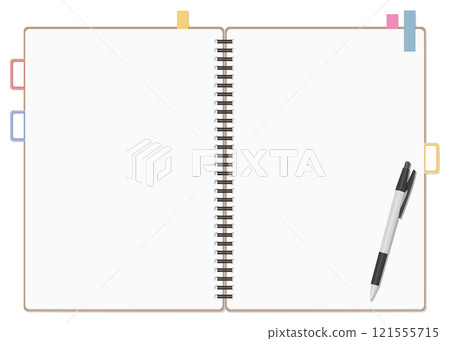 A simple blank notebook and sticky notes, a ballpoint pen set, a ring notebook, a double page spread 121555715