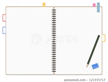 A simple blank notebook and sticky notes, a pencil and eraser set, a ring notebook, and a double-page spread A simple blank notebook and sticky notes, a pencil and eraser set, a ring notebook, and a double-page spread 121555717