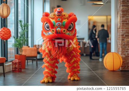Vibrant lion dance performance celebrating tradition and community in urban festival atmosphere close-up view of cultural unity 121555785
