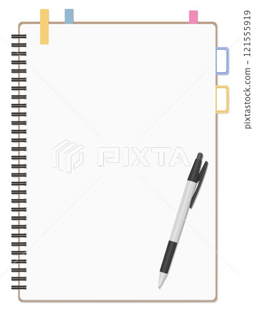 A simple blank notebook, sticky notes, a ballpoint pen set, and a ring notebook 121555919