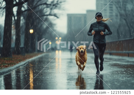 Woman running with golden retriever in rainy city park action shot urban environment dynamic viewpoint pet bonding moment 121555925