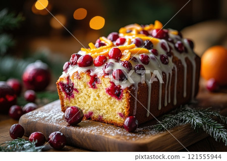 Festive cranberry orange cake cozy kitchen food photography holiday vibes close-up view seasonal delight for celebrations 121555944