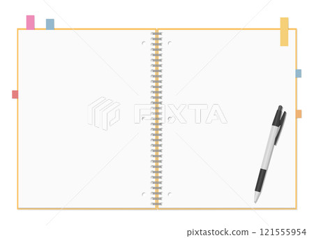 A simple blank notebook and sticky notes, a ballpoint pen set, a ring notebook, a double page spread 121555954