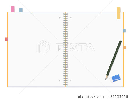 簡單的普通筆記本和便利貼、鉛筆和橡皮套裝、環形筆記本、展開 121555956