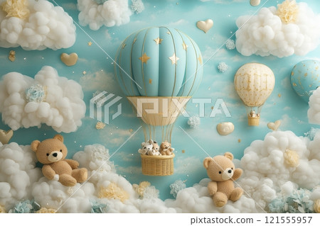 Whimsical balloon adventure with teddy bears dreamy nursery illustration cloudy sky playful perspective fantasy theme Whimsical balloon adventure with teddy bears dreamy nursery illustration cloudy sky playful perspective fantasy theme 121555957