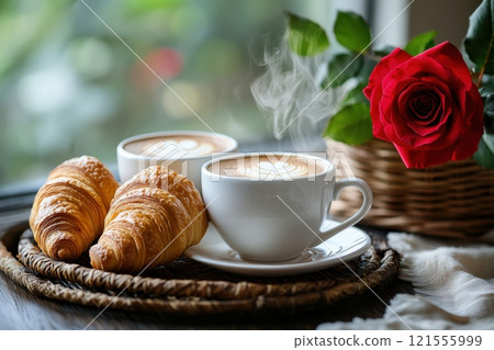 Savoring morning coffee and flaky croissants cozy kitchen food photography relaxing atmosphere close-up view culinary delight 121555999