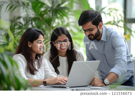 Collaborative teamwork among colleagues in a bright office space technology engagement indoor environment professional perspective innovation 121556073