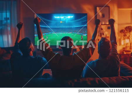 Exciting sports event watching home living room digital content cozy environment group perspective celebrating a victory 121556115