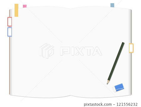 簡單的普通筆記本和便條、鉛筆和橡皮套裝，展開 121556232