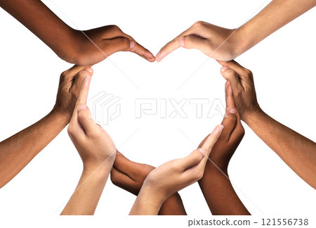 Unity and diversity are at the heart of a diverse group of people connected together as a supportive symbol that represents a sense of teamwork and togetherness. Symbol and shape created from hands. 121556738