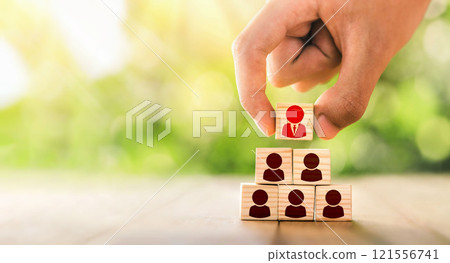 Human resource management and recruitment business concept. Leadership and corporate hierarchy concept, A complete team that consists of icon many people. management concept. copy space. 121556741