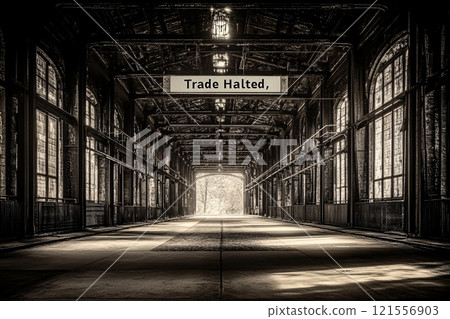 Factory gates locked with a prominent Trade Halted sign, representing the effect of tariffs 121556903