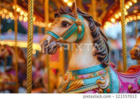 Horse head of a Merry-go-rounds in festive lights 121557013