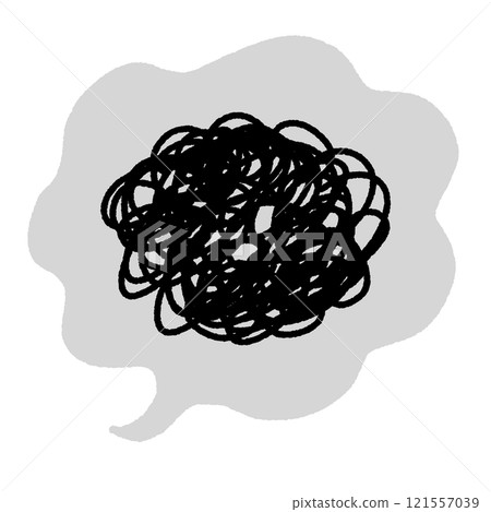 Messy, tangled lines and speech bubbles, feeling confused, dissatisfied, thinking 121557039