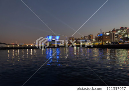 Illuminated evening view of Yokohama Port: Osanbashi Pier and Marine Tower Illuminated evening view of Yokohama Port: Osanbashi Pier and Marine Tower 121557057