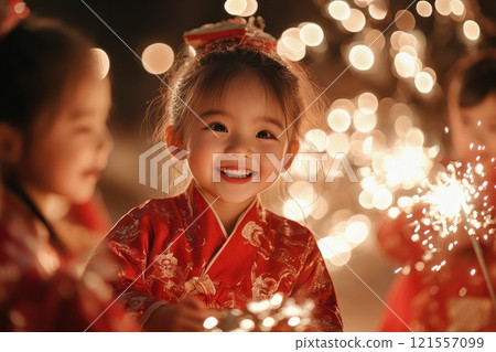 Happy chinese girl celebrating lunar new year with sparklers 121557099