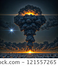 a large column of smoke after an explosion at night 121557265
