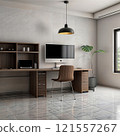 remote worker's room, table, chair, computer, monitors 121557267
