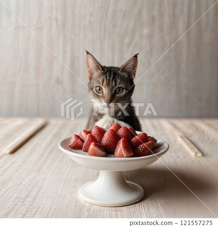 Cute kitten with fresh strawberries on a plate Cute kitten with fresh strawberries on a plate 121557275