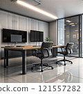 remote worker's room, table, chair, computer, monitors 121557282