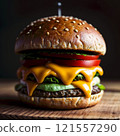 Big hamburger with huge ham piece and a lot of cheese 121557290
