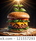 Big hamburger with huge ham piece and a lot of cheese 121557293